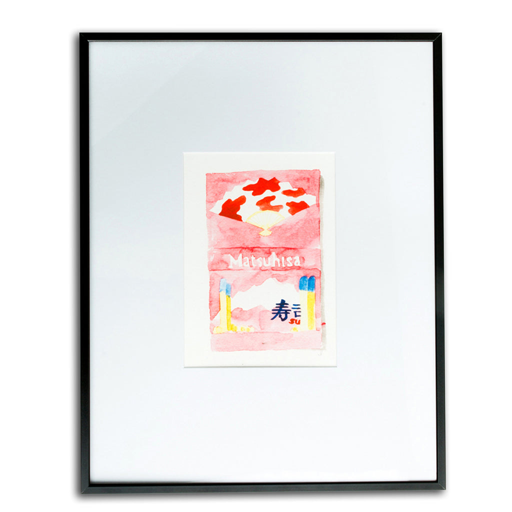 Matsuhisa Matchbook - Furbish Studio, Matsuhisa matchbook watercolor print with a Japanese fan painted on top and a background color of red-orange. The matchbook title is in the middle of the archival paper in a 5"x7" black frame