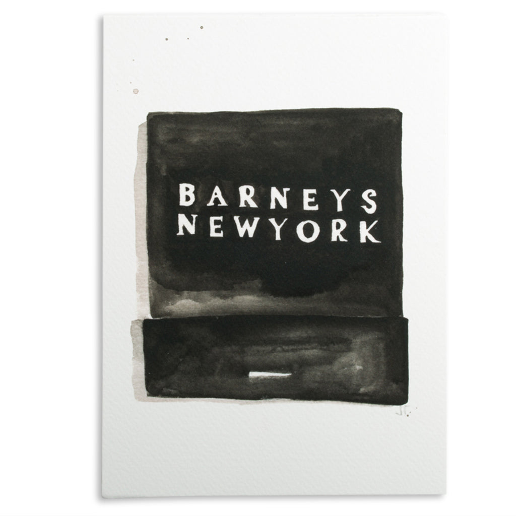 Barneys Matchbook - Furbish Studio, An unframed matchbook watercolor print with white painting saying Barney's Newyork and a pure black background
