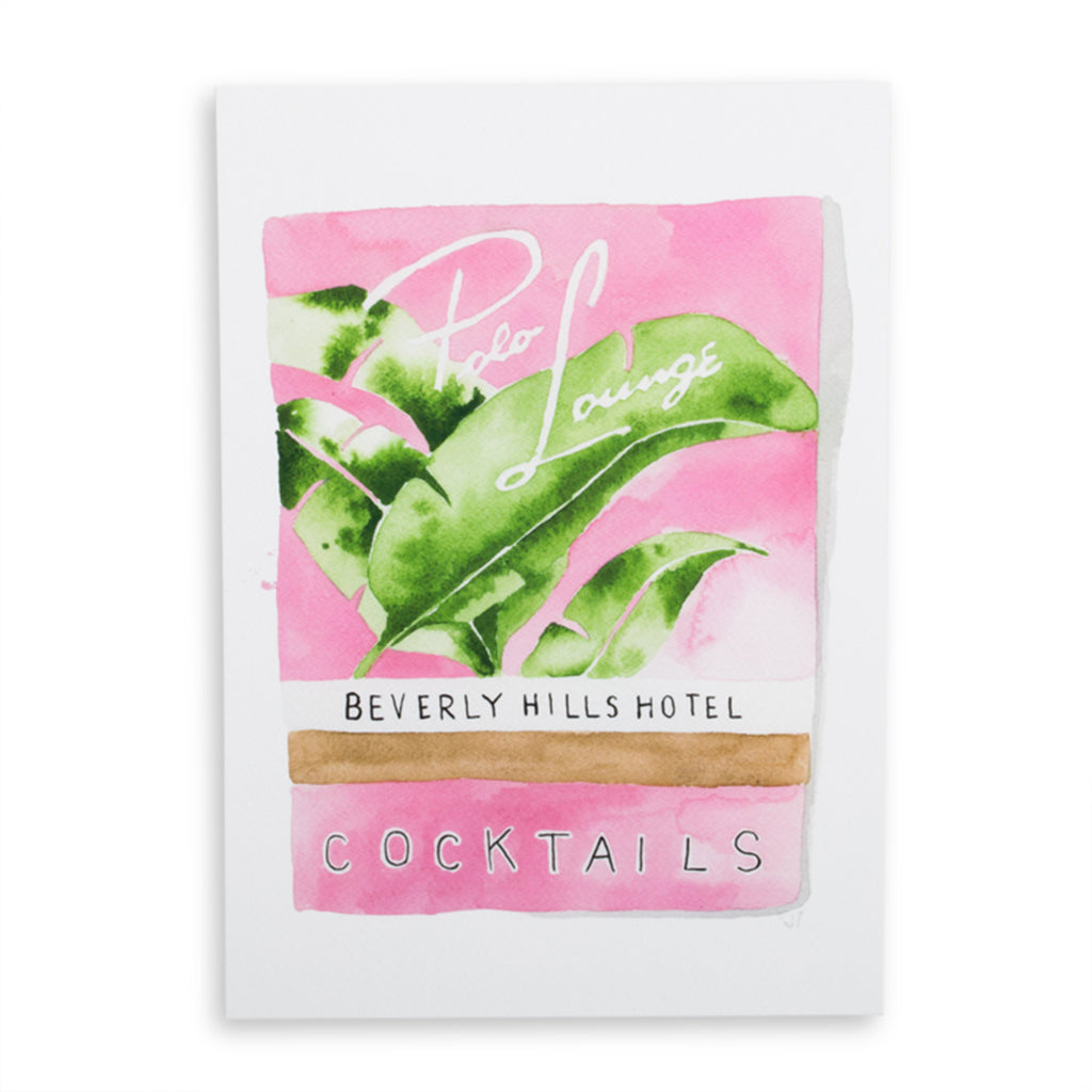 Beverly Hills Matchbook - Furbish Studio, An unframed Beverly Hills Hotel Photo Lounge matchbook watercolor print featuring a collection of Banana leaves with a pink background