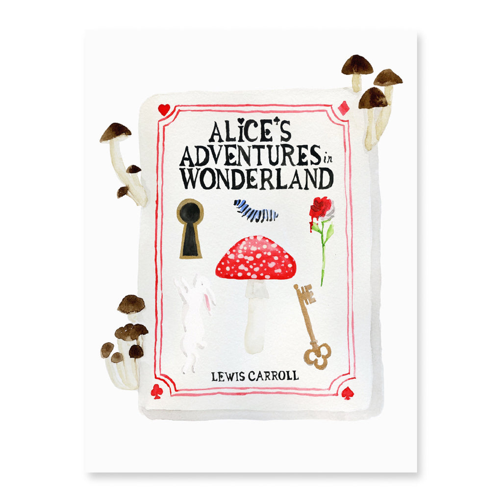 Alice in Wonderland Book - Furbish Studio, an unframed Alice in Wonderland Book painting with mushrooms on both sides and a title painted in black says "Alice's Adventures in Wonderland"