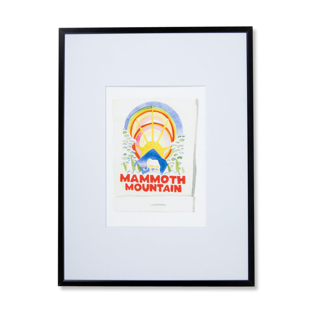 Mammoth Mountain Matchbook - Furbish Studio, Mammoth Mountain matchbook watercolor print with an elephant painted in the middle with a white background in a 5x7 black frame