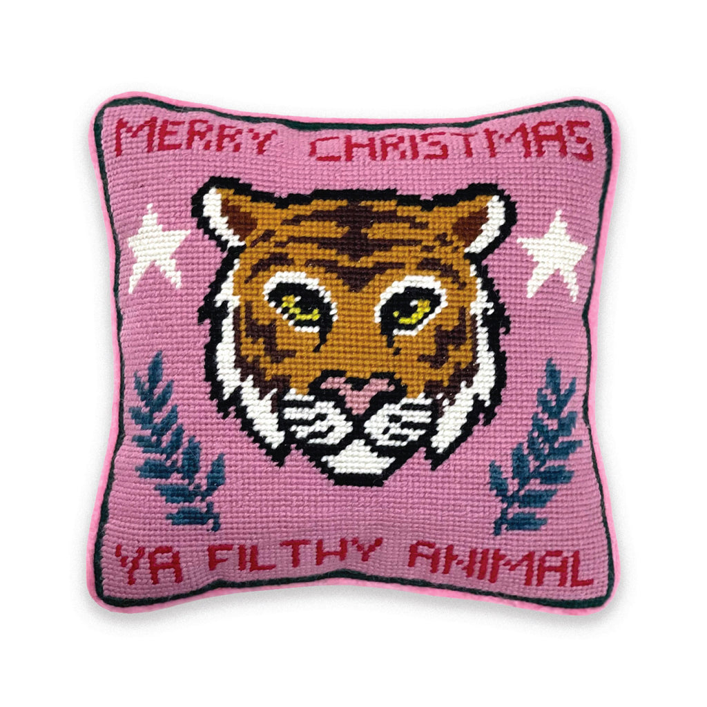 hand embroidered in wool and backed in luxe pink velvet chic needlepoint pillow with "Merry Christmas Ya Filthy Animal" cheeky saying in front