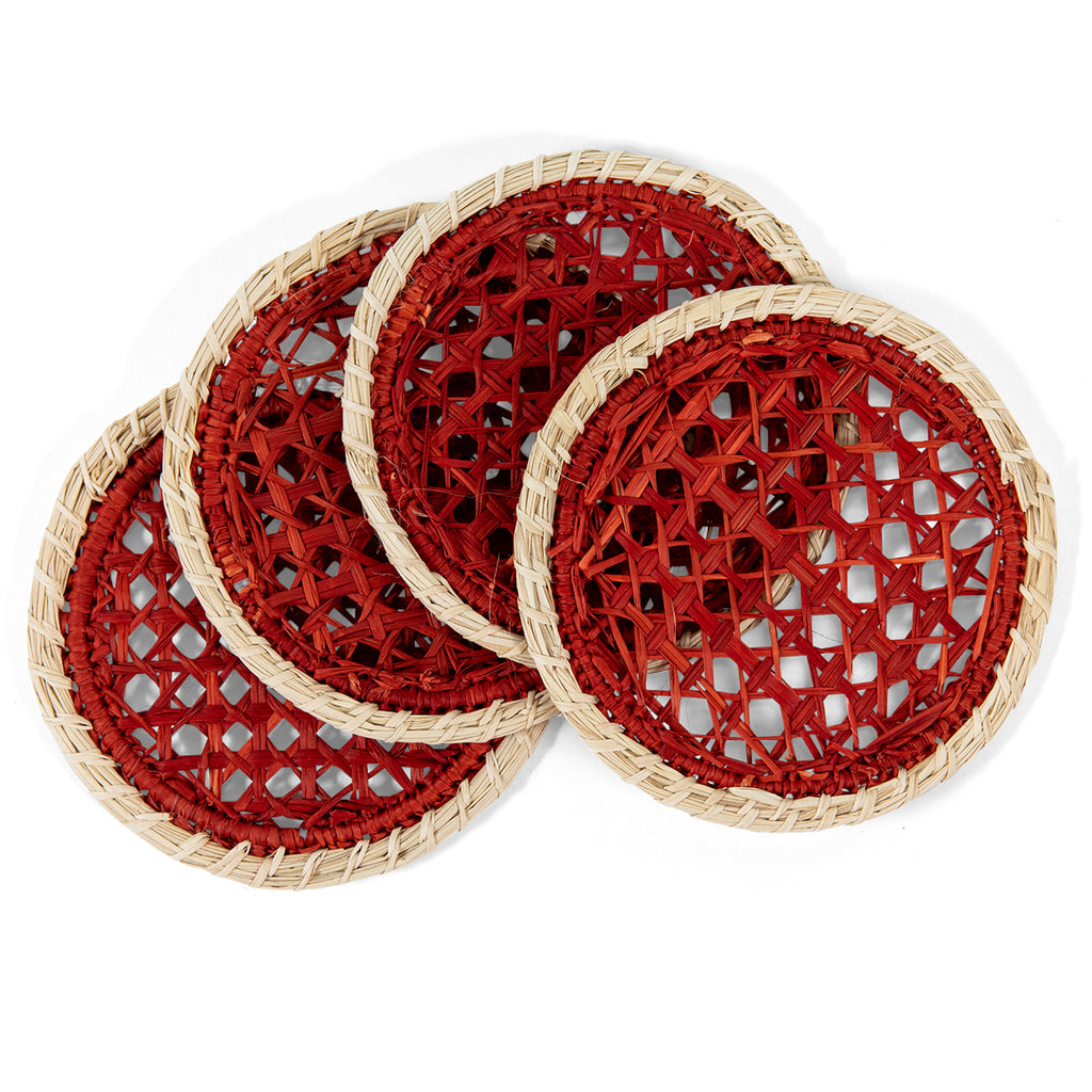 Furbish Studio - Red Raffia Coasters - Add fresh charm to your spring and summer table setting with this set of 4 handmade, red raffia drink coasters. Show off your hostess skills by creating a gorgeous table scape with this eye-catching table accessory. Looks great on a bar cart, end table, or console table. Very mid-century modern natural raffia fibers.