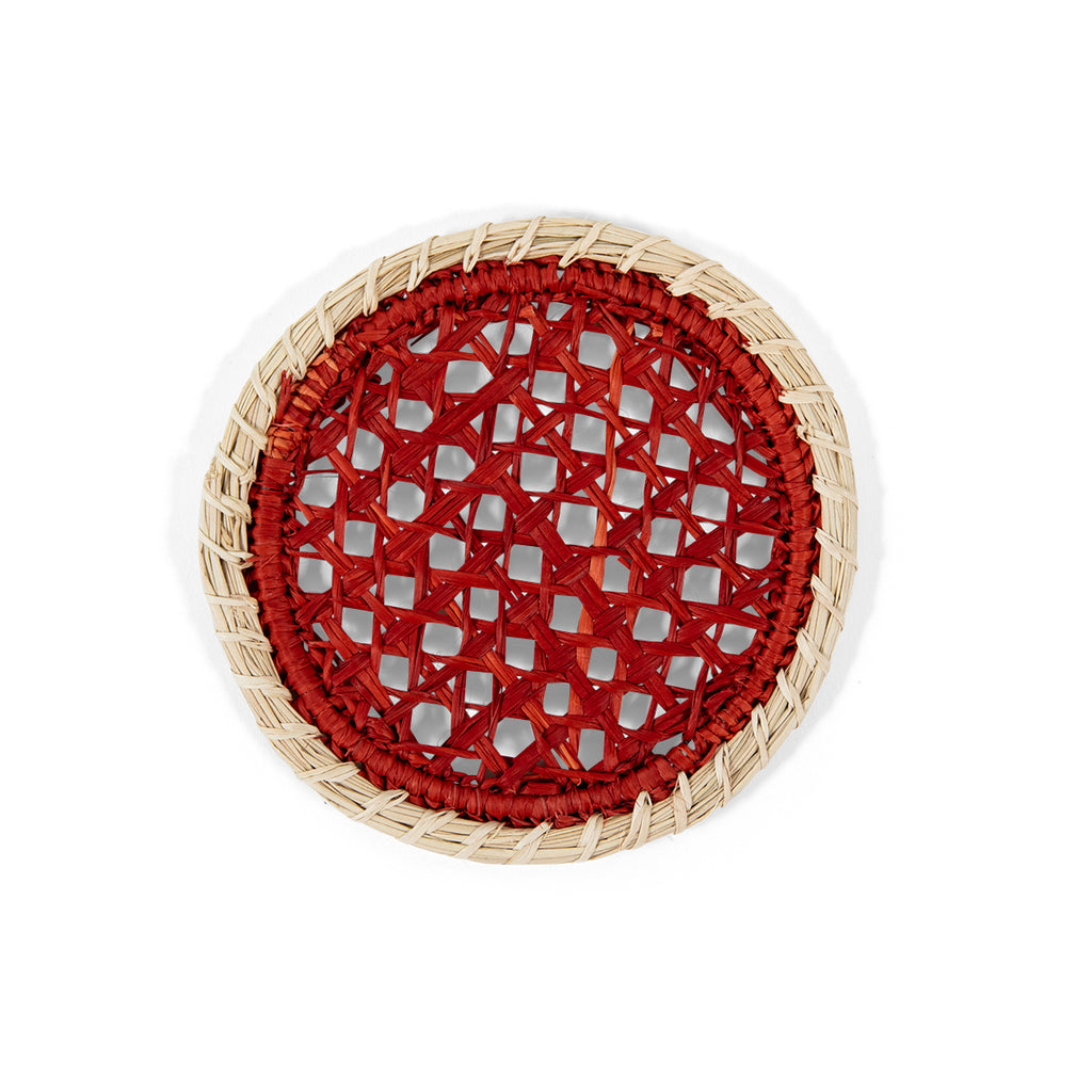 Furbish Studio - Red Raffia Coasters - Add fresh charm to your spring and summer table setting with this set of 4 handmade, red raffia drink coasters. Show off your hostess skills by creating a gorgeous table scape with this eye-catching table accessory. Looks great on a bar cart, end table, or console table. Very mid-century modern natural raffia fibers.