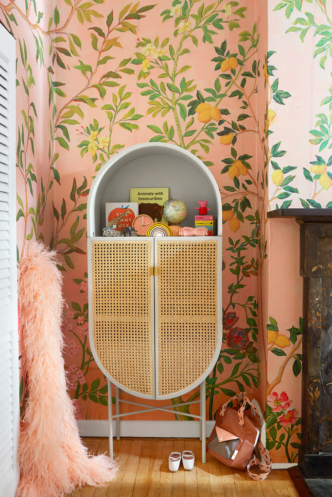 Furbish Studio - Simone Mural chinoiserie inspired wallpaper closeup on wall