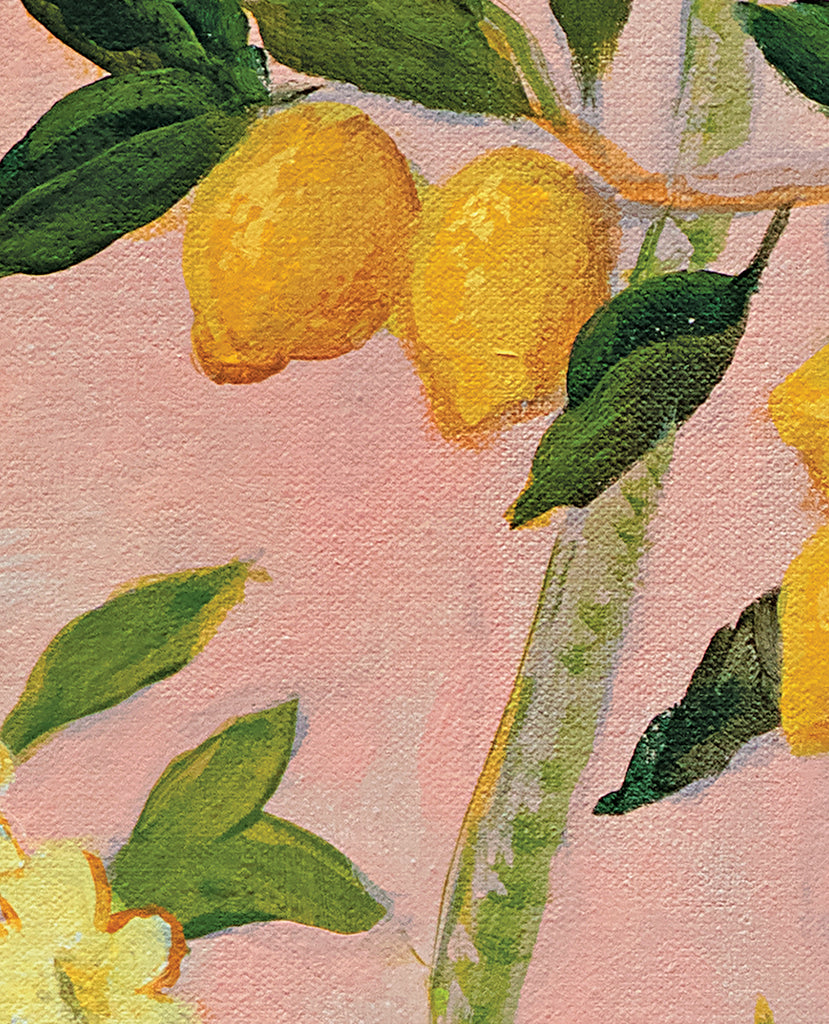 Furbish Studio - Simone Mural chinoiserie inspired wallpaper closeup of lemons