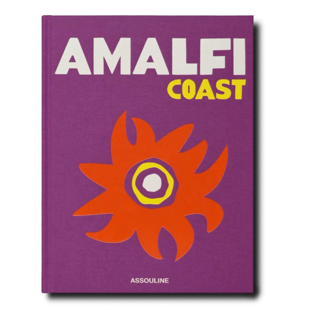 A cheeky purplish front cover design that uses a starfish-like drawing in orange with the title Amalfi Coast, a book published by Assouline
