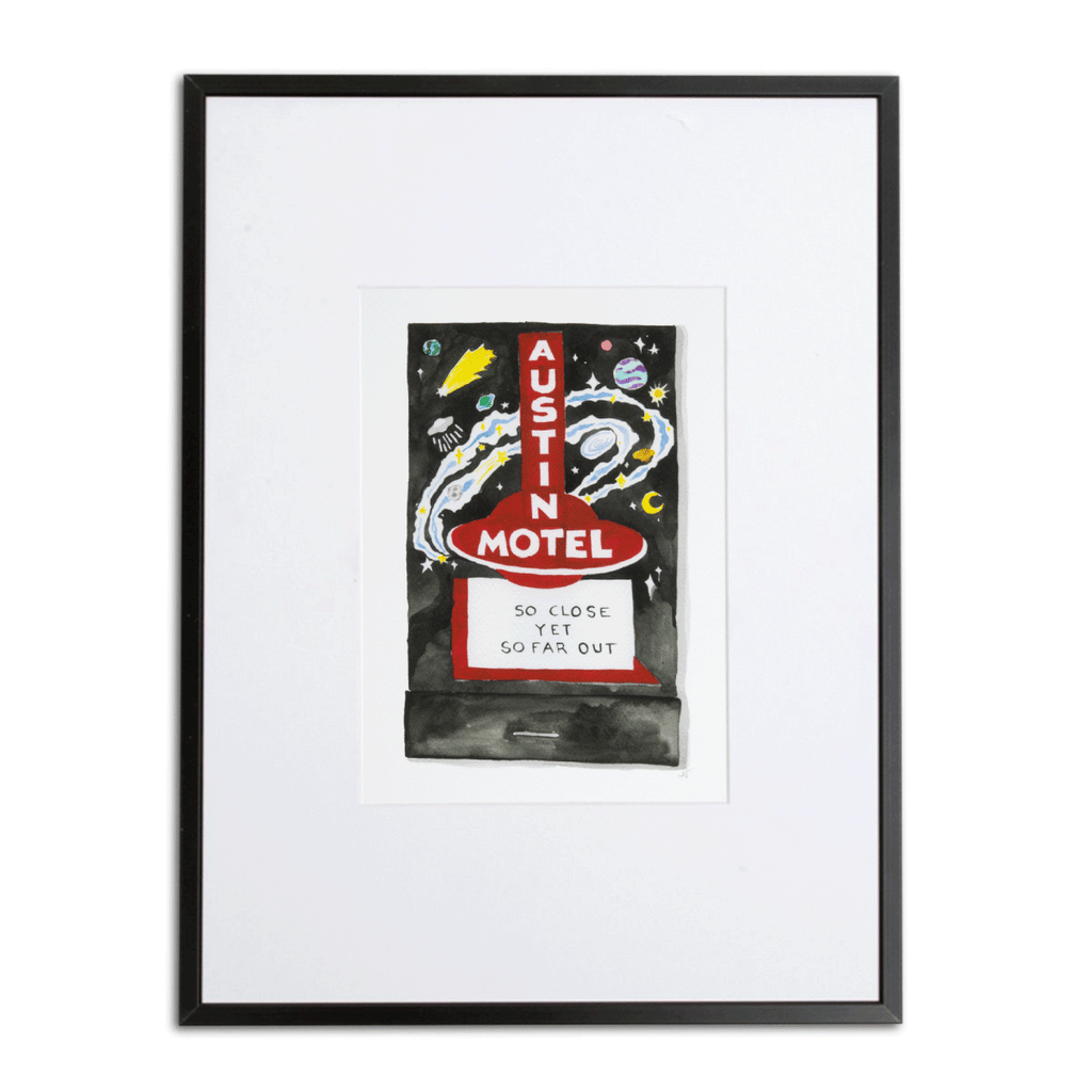 Austin Matchbook - Furbish Studio, Austin Motel matchbook watercolor print that has the Austin Motel signboard design with an outer space background in a black 5x7 frame