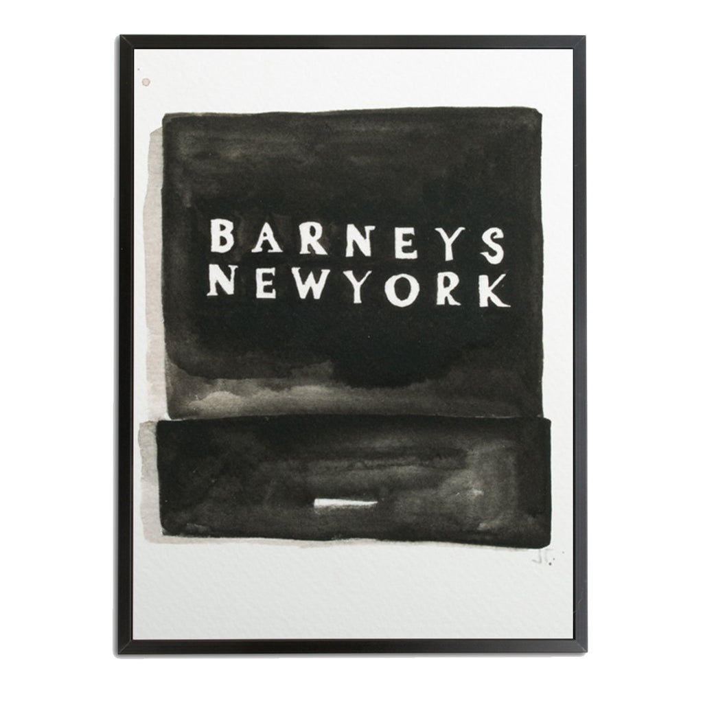 Barneys Matchbook - Furbish Studio, Barney's Newyork matchbook watercolor print that features a pure black background design with a saying "Barney's Newyork" painted in white in a black 9x12 frame