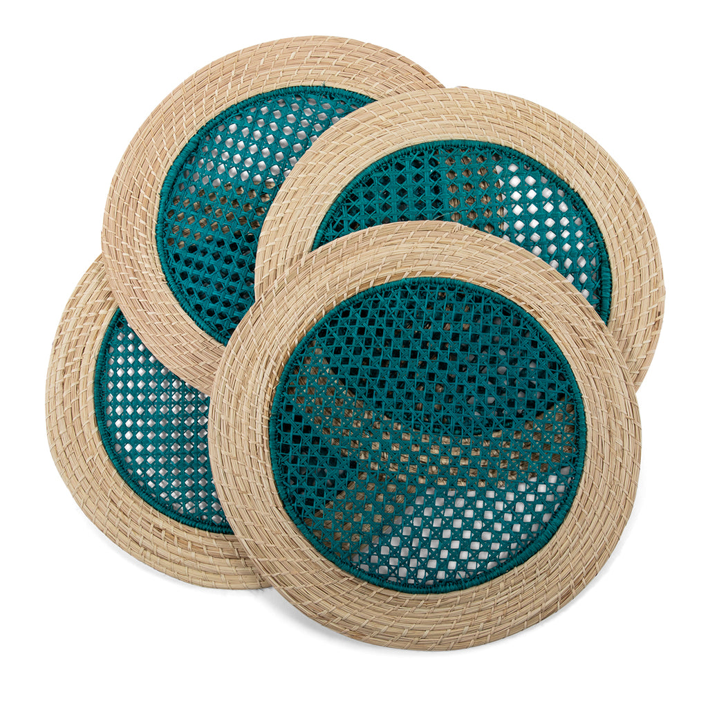 Furbish Studio - Blue Raffia Placemats - Add fresh charm to your spring and summer table setting or picnic with this set of 4 handmade, blue raffia placemats. Show off your hostess skills by creating a gorgeous table scape using this eye-catching table accessory. Made of all natural raffia fibers with a pink woven center design and neutral raffia coiled edge.