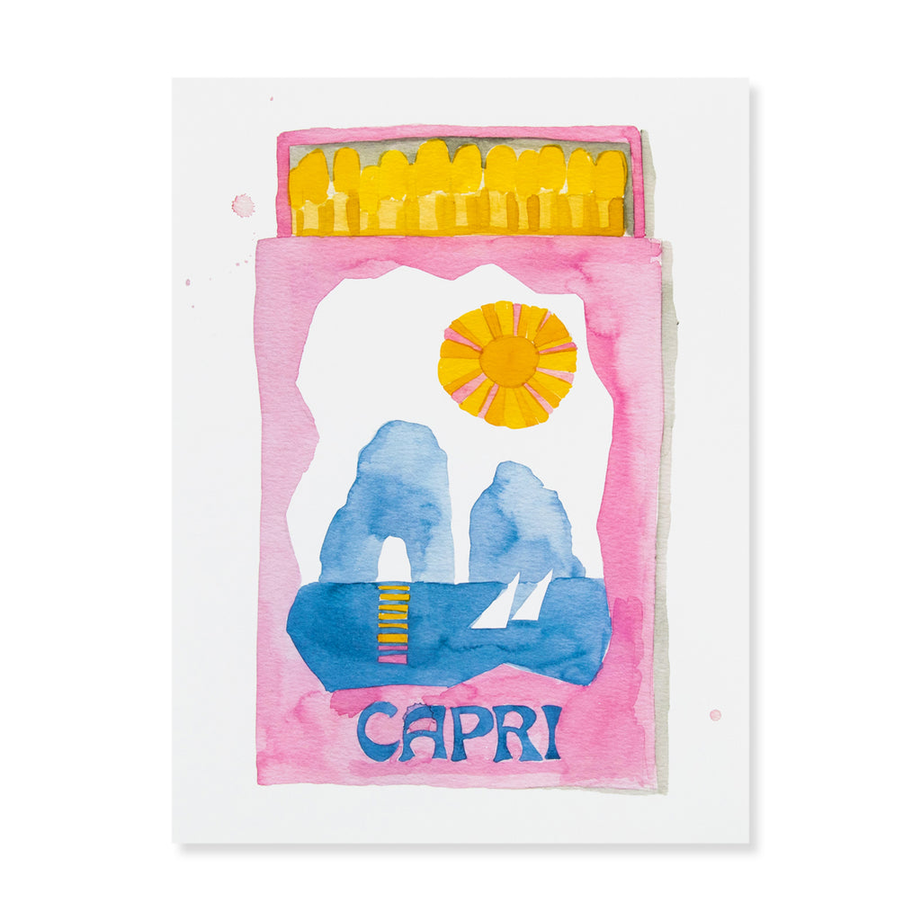 Capri Matchbook - Furbish Studio, An unframed Capri Matchbook watercolor print featuring an illustration of a Capri Island and some sailboats with a pink background