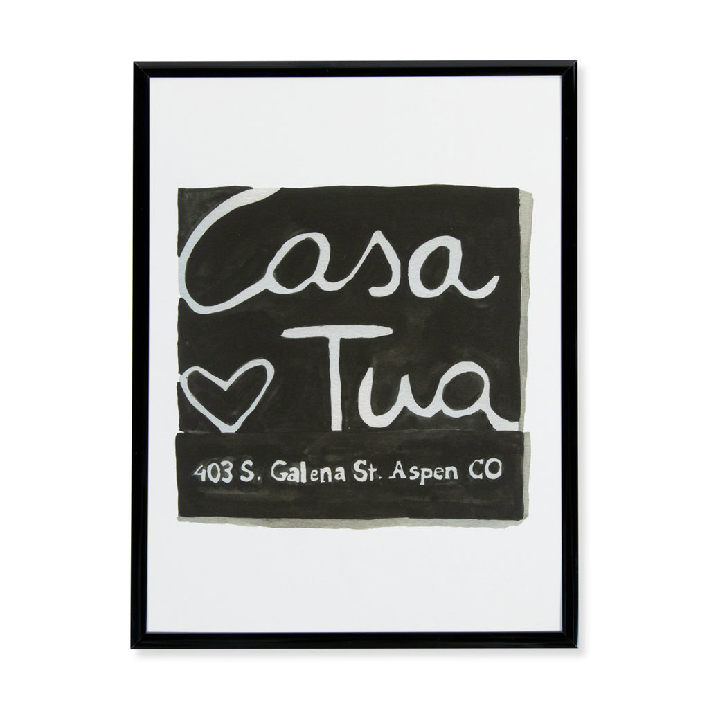 Casa Tua Matchbook - Furbish Studio, Casa Tua matchbook watercolor print with a black background color paint and "403 S. Galena St. Aspen CO" painted in white at the bottom in a black 9x12 frame