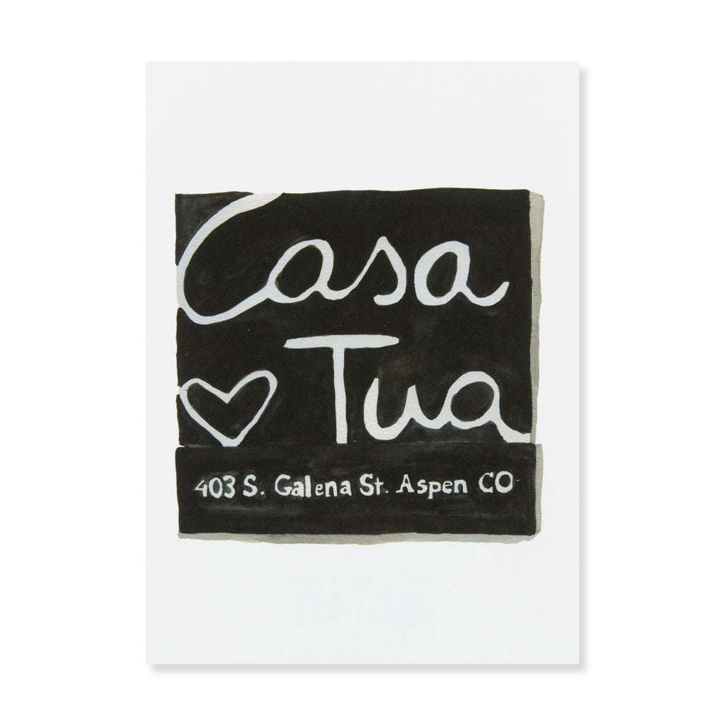 Casa Tua Matchbook - Furbish Studio, An unframed Casa Tua matchbook watercolor print with a black background color paint and "403 S. Galena St. Aspen CO" painted in white at the bottom 