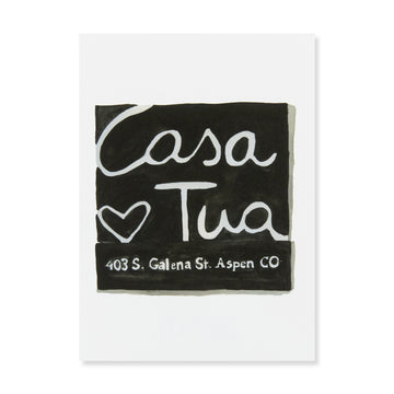 Casa Tua Matchbook - Furbish Studio, An unframed Casa Tua matchbook watercolor print with a black background color paint and "403 S. Galena St. Aspen CO" painted in white at the bottom 