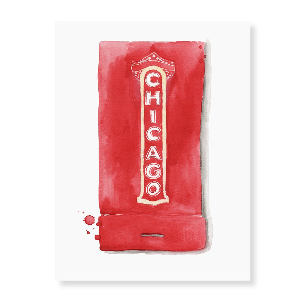 Chicago Matchbook - Furbish Studio, An unframed matchbook watercolor print with a white painted "Chicago" positioned vertically and a scarlet shade background