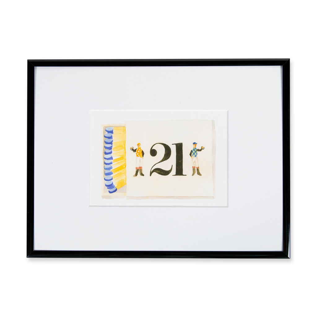 Club 21 Matchbook - Furbish Studio, Club 21 matchbook watercolor print illustrating Club 21's logo from their website which is painted on top of a painted matchbox with yellow matches inside and blue heads in a black 5x7 frame