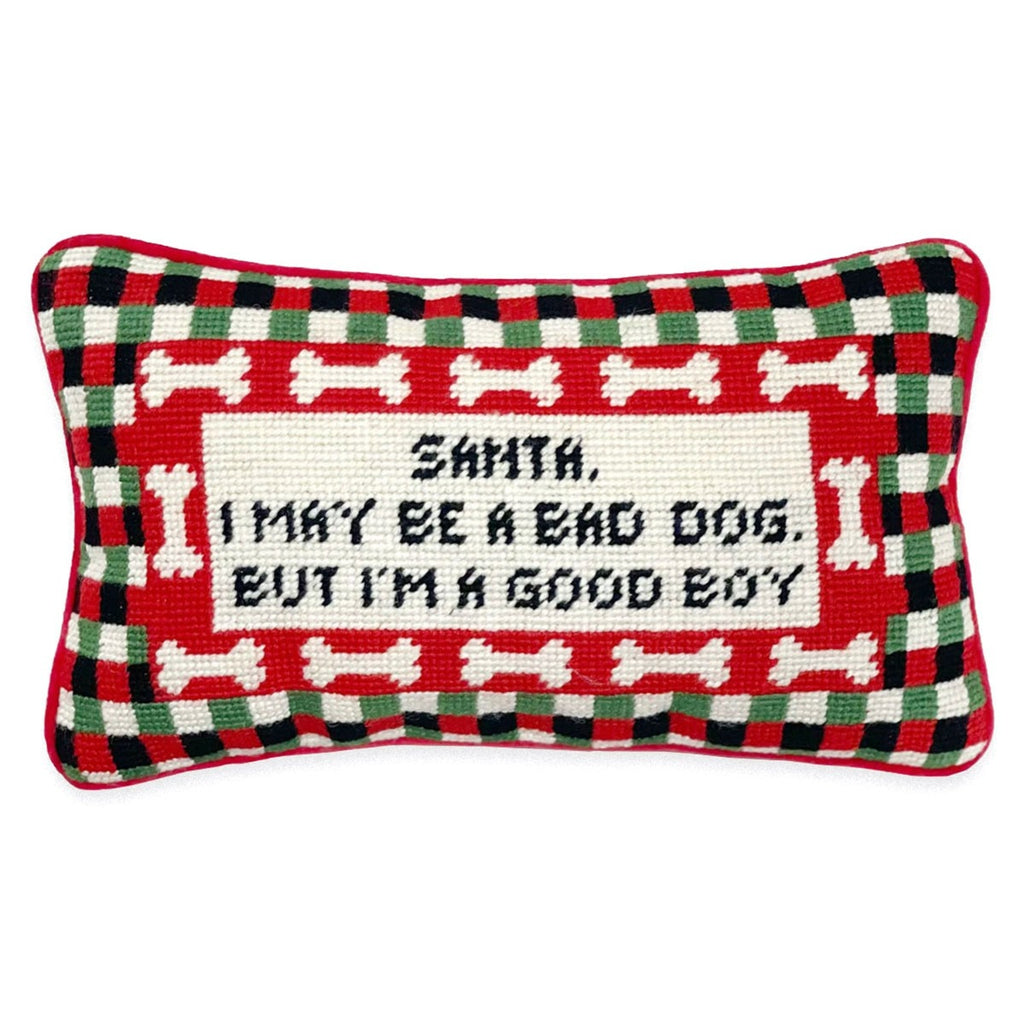 hand embroidered in wool and backed in luxe red velvet chic needlepoint pillow with "Santa, I may be a bad god, but I'm a good boy" cheeky saying in front