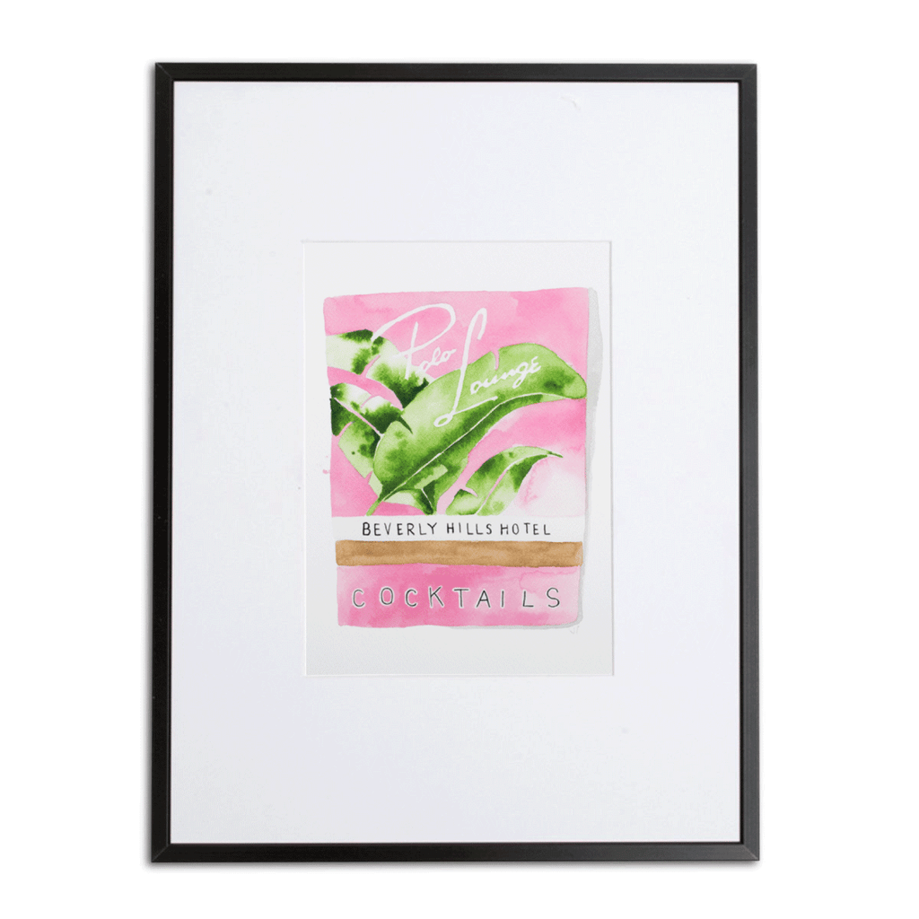 Beverly Hills Matchbook - Furbish Studio, Beverly Hills Hotel Photo Lounge matchbook watercolor print featuring a collection of Banana leaves with a pink background in a black 5x7 frame